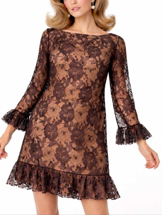 Johnnye Dresses & Skirts - 1960s Vintage Brown Lace Mod Mini Shift Flounce Long Sleeve Johnnye Dress #9